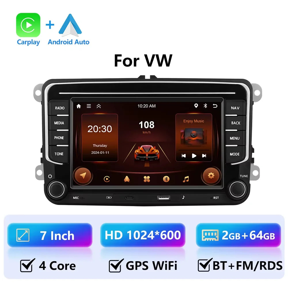 Podofo 7" Carplay Android bilradio för Volkswagen VW Passat B6 B7 CC Tiguan Touran GOLF POLO bilmultimedia GPS-spelare