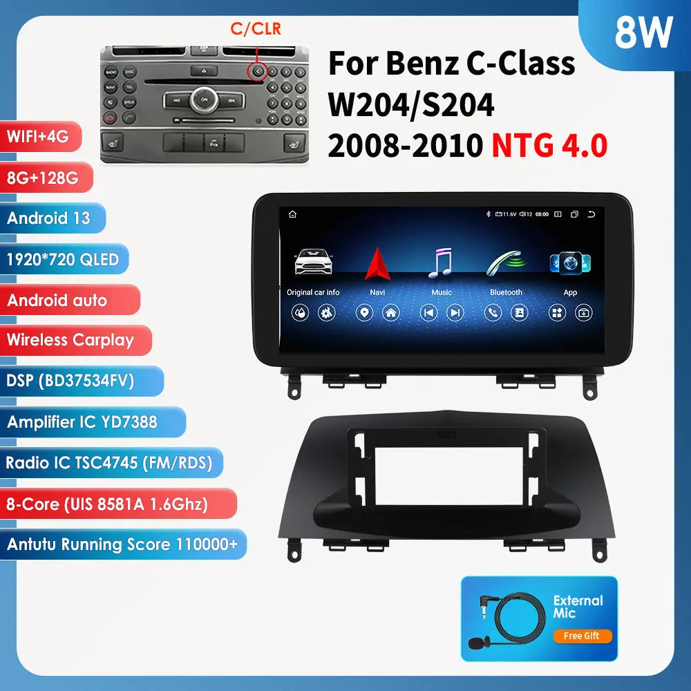 Hizpo Android 13 Bilstereo med CarPlay & Android Auto för Mercedes-Benz C-Klass W204/S204 (2008–2010 NTG 4.0)