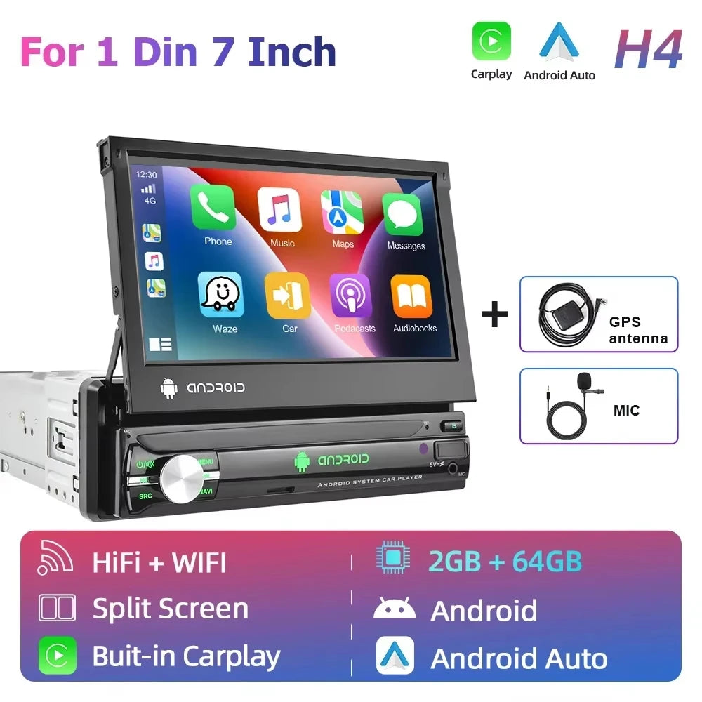 Podofo Android 1 Din Bil Roterbar Radio Skärm Carplay tack vare Multimedia Videospelare Universal Bilstereo GPS Navigation WIFI