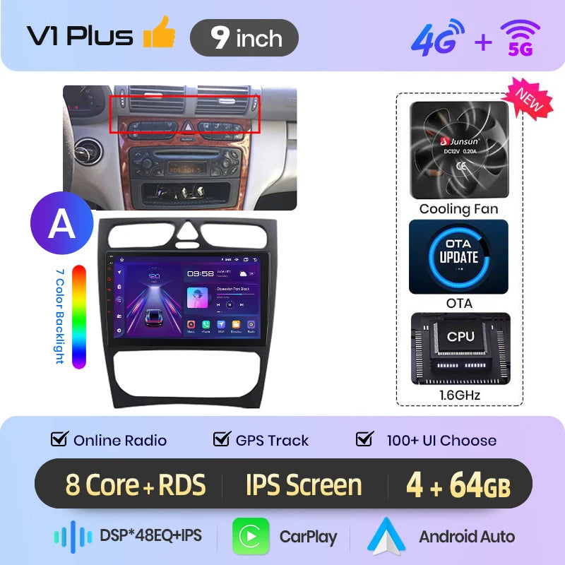 Junsun Android Auto-bilradio för Mercedes-Benz C-klass W203 (C200, C320, C350) och CLK W209 (2000–2005)