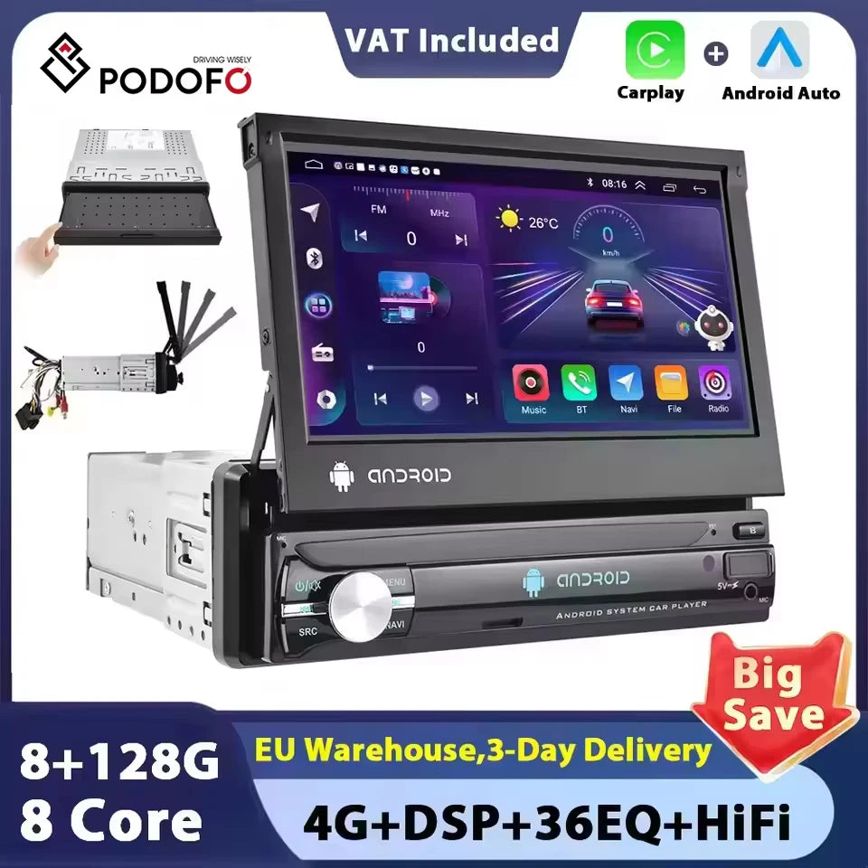 Podofo Android 1 Din Bil Roterbar Radio Skärm Carplay tack vare Multimedia Videospelare Universal Bilstereo GPS Navigation WIFI