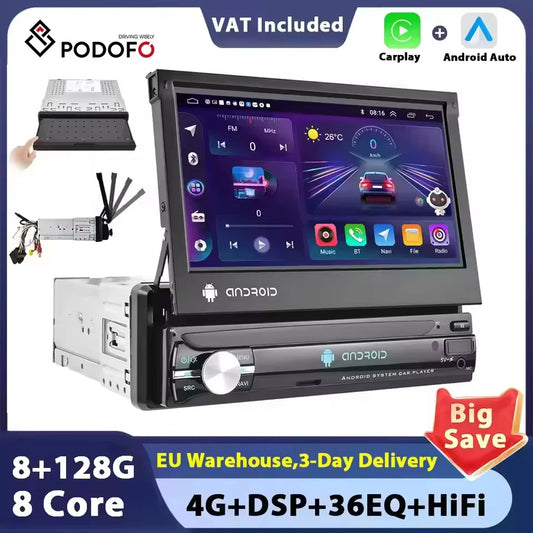 Podofo Android 1 Din Bil Roterbar Radio Skärm Carplay tack vare Multimedia Videospelare Universal Bilstereo GPS Navigation WIFI