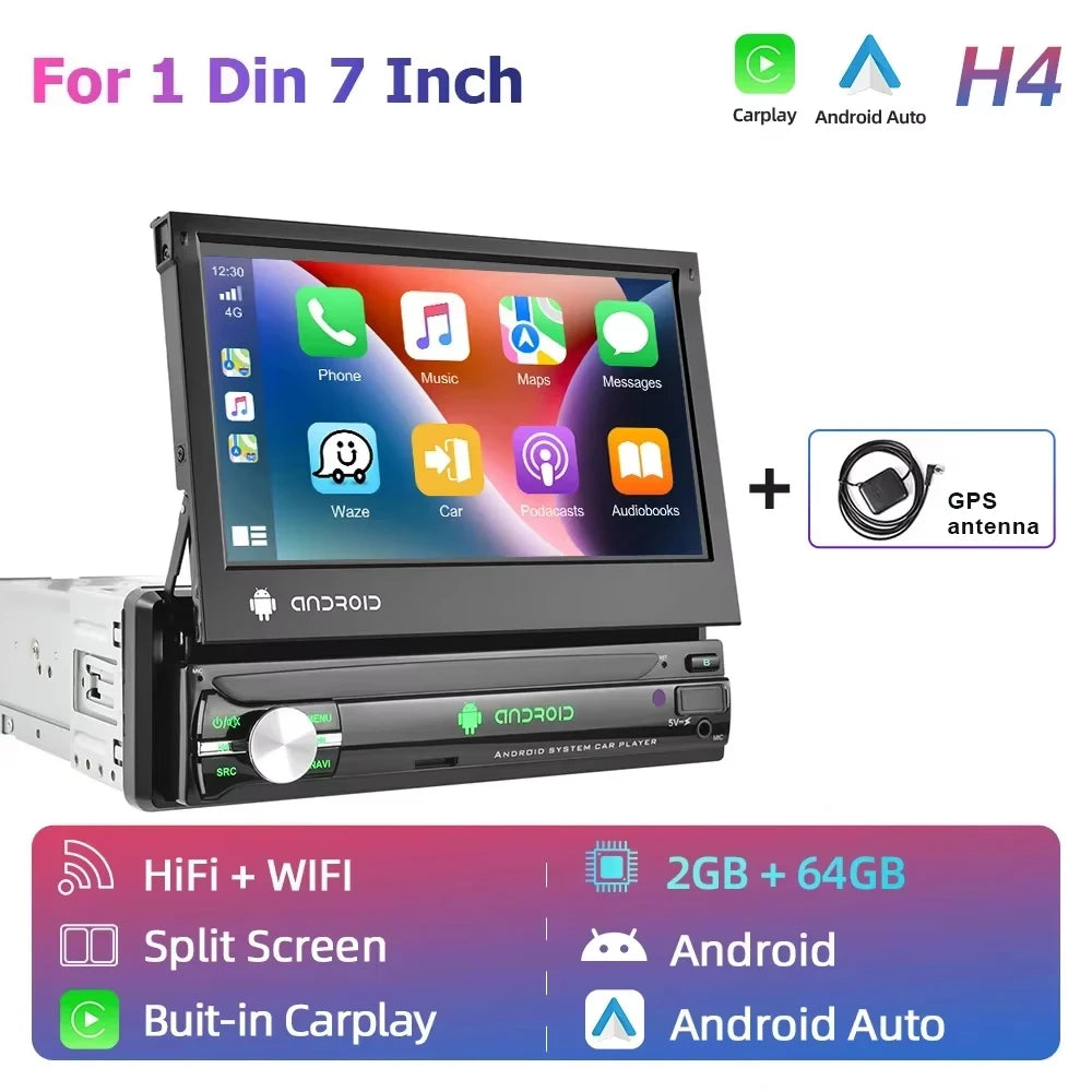 Podofo Android 1 Din Bil Roterbar Radio Skärm Carplay tack vare Multimedia Videospelare Universal Bilstereo GPS Navigation WIFI