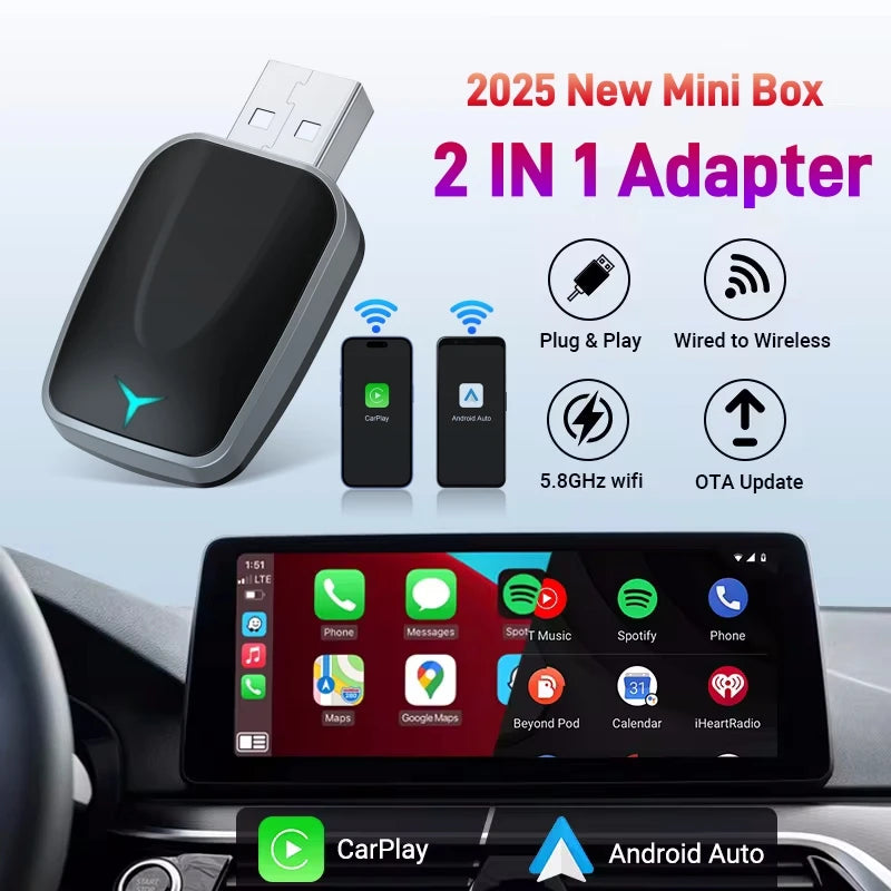Trådlös adapter för CarPlay och Android Auto – Smart 2-i-1-dongel för Volvo, Mercedes-Benz, Audi, Kia, Hyundai, VW, Mazda, Cadillac, MG och Peugeot