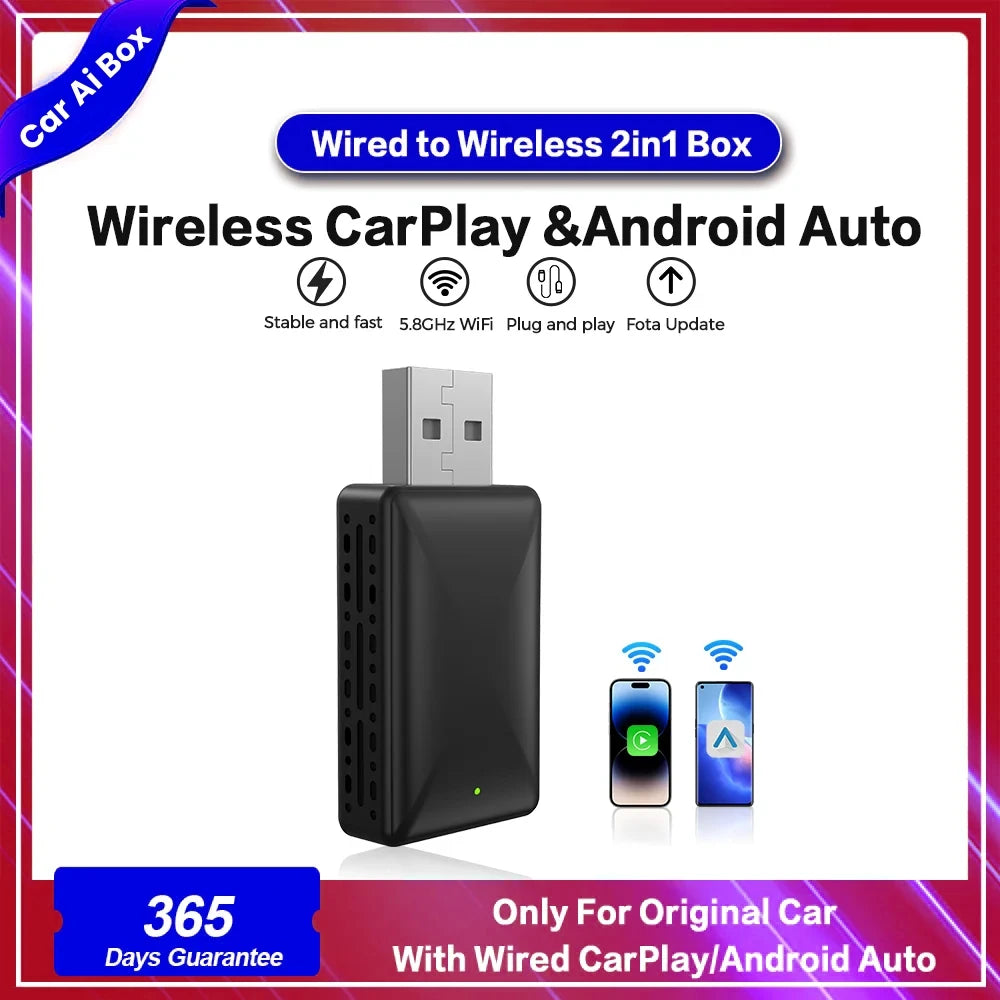Trådlös adapter för CarPlay och Android Auto – Smart 2-i-1-dongel för Volvo, Mercedes-Benz, Audi, Kia, Hyundai, VW, Mazda, Cadillac, MG och Peugeot