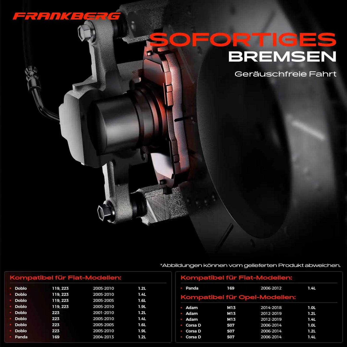 Frankberg 4x Bromsbelägg fram till Fiat Doblo MPV Van/MPV Panda Van/Hatchback, Opel Adam Corsa D 93189815 095521571