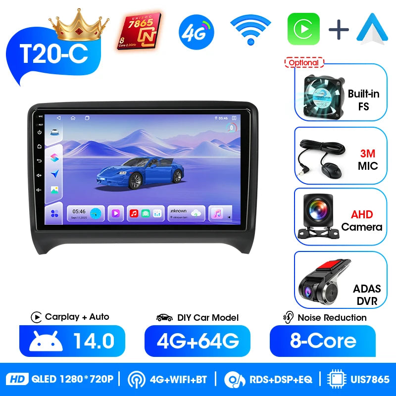 Srnubi 2 Din Android Bilradio CarPlay Android Auto Stöd Backkamera GPS BT WiFi För Citroen Nemo För Audi TT MK2 2006-2014