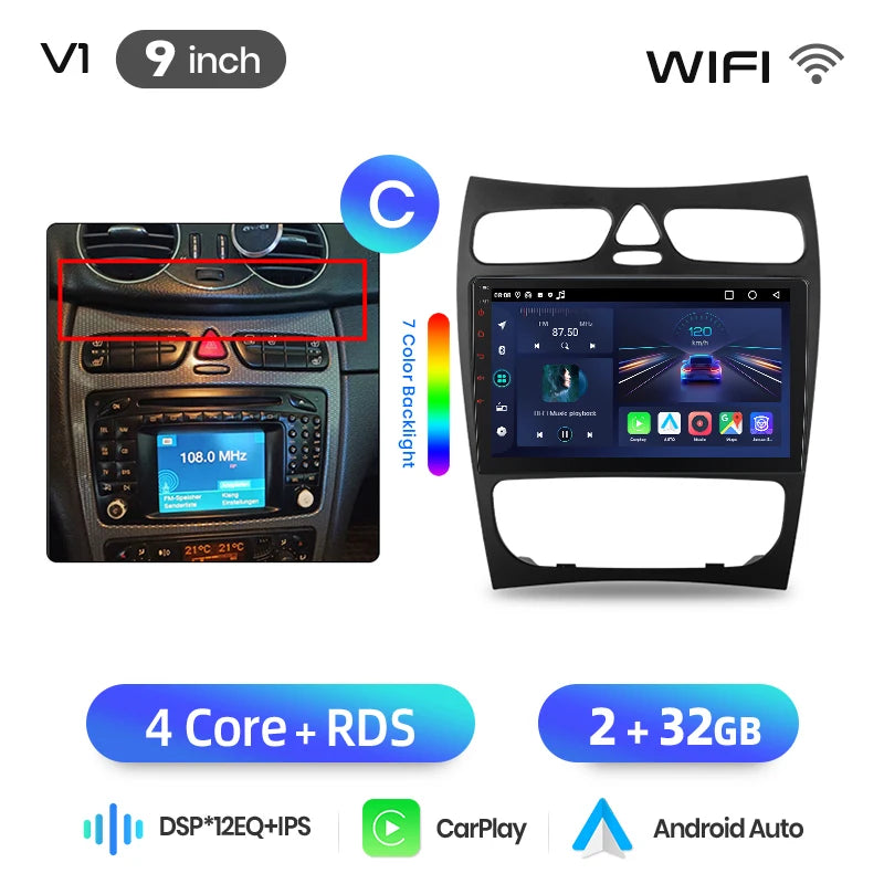 Junsun Android Auto-bilradio för Mercedes-Benz C-klass W203 (C200, C320, C350) och CLK W209 (2000–2005)