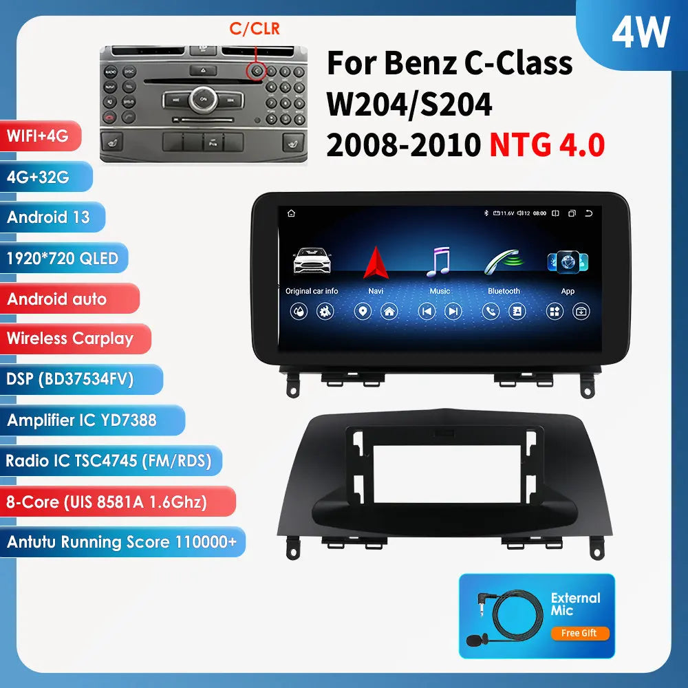 Hizpo Android 13 Bilstereo med CarPlay & Android Auto för Mercedes-Benz C-Klass W204/S204 (2008–2010 NTG 4.0)