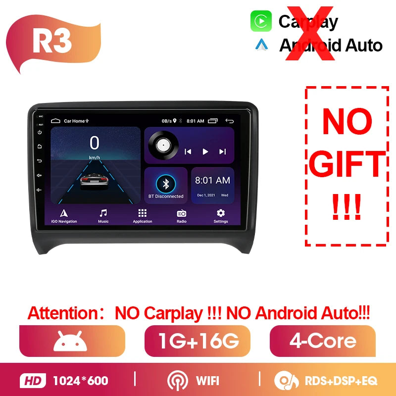 Srnubi 2 Din Android Bilradio CarPlay Android Auto Stöd Backkamera GPS BT WiFi För Citroen Nemo För Audi TT MK2 2006-2014