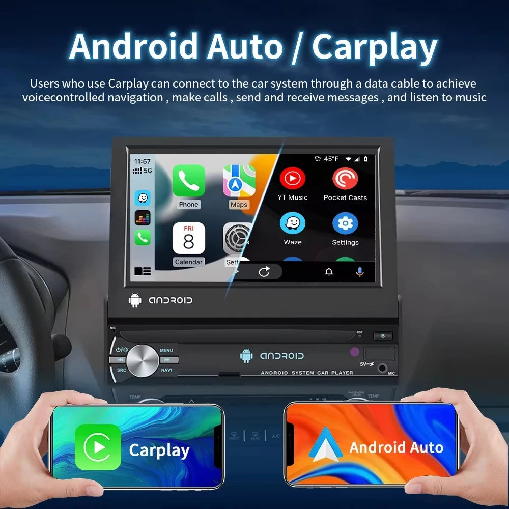 Podofo Android 1 Din Bil Roterbar Radio Skärm Carplay tack vare Multimedia Videospelare Universal Bilstereo GPS Navigation WIFI