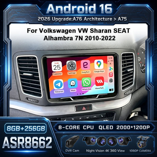 Bilstereo med A76 ASR8662-processor och Android 16 för Volkswagen VW Sharan / SEAT Alhambra 7N (2010–2022) – multimediaspelare, GPS och CarPlay