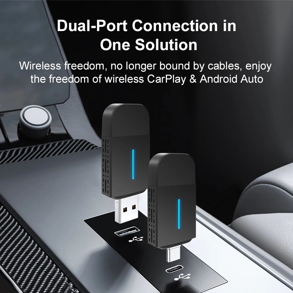 Trådlös adapter för CarPlay och Android Auto – Smart 2-i-1-dongel för Volvo, Mercedes-Benz, Audi, Kia, Hyundai, VW, Mazda, Cadillac, MG och Peugeot