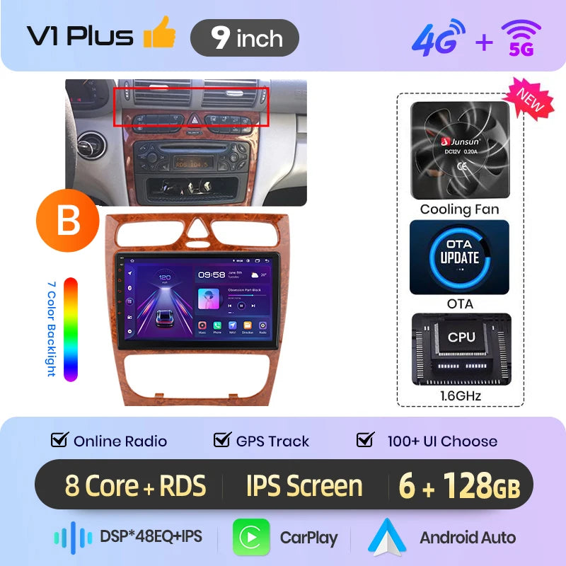Junsun Android Auto-bilradio för Mercedes-Benz C-klass W203 (C200, C320, C350) och CLK W209 (2000–2005)