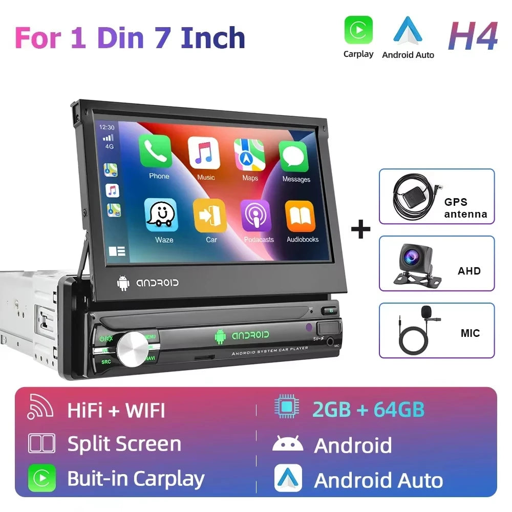 Podofo Android 1 Din Bil Roterbar Radio Skärm Carplay tack vare Multimedia Videospelare Universal Bilstereo GPS Navigation WIFI