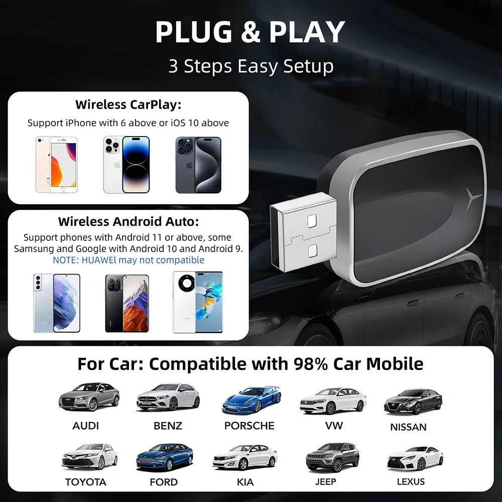 Trådlös adapter för CarPlay och Android Auto – Smart 2-i-1-dongel för Volvo, Mercedes-Benz, Audi, Kia, Hyundai, VW, Mazda, Cadillac, MG och Peugeot