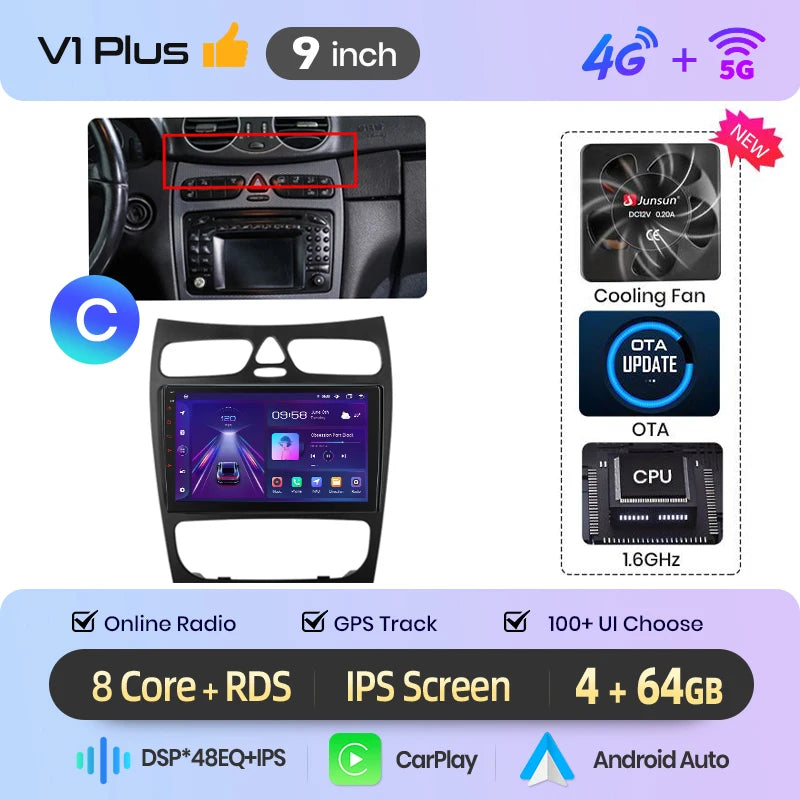 Junsun Android Auto-bilradio för Mercedes-Benz C-klass W203 (C200, C320, C350) och CLK W209 (2000–2005)