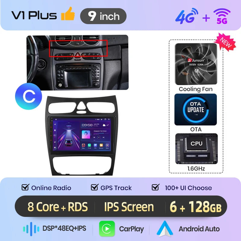 Junsun Android Auto-bilradio för Mercedes-Benz C-klass W203 (C200, C320, C350) och CLK W209 (2000–2005)